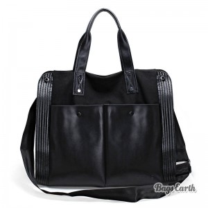Leisure Leather Canvas Handbag, Black Shoulder Bags