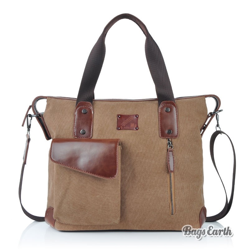 Coffee Canvas Tote Bags With Zipper, Mens Canvas Messenger Bags