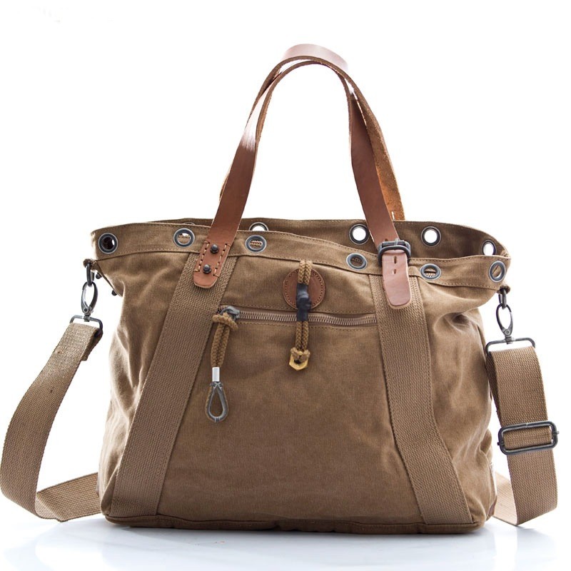 Khaki Canvas handbag, canvas satchel bag - BagsEarth