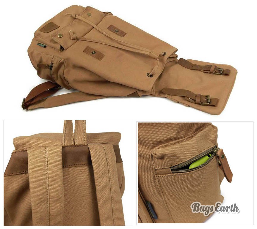Canvas Travel Rucksack, Cool Laptop Backpack Coffee Black Khaki - BagsEarth